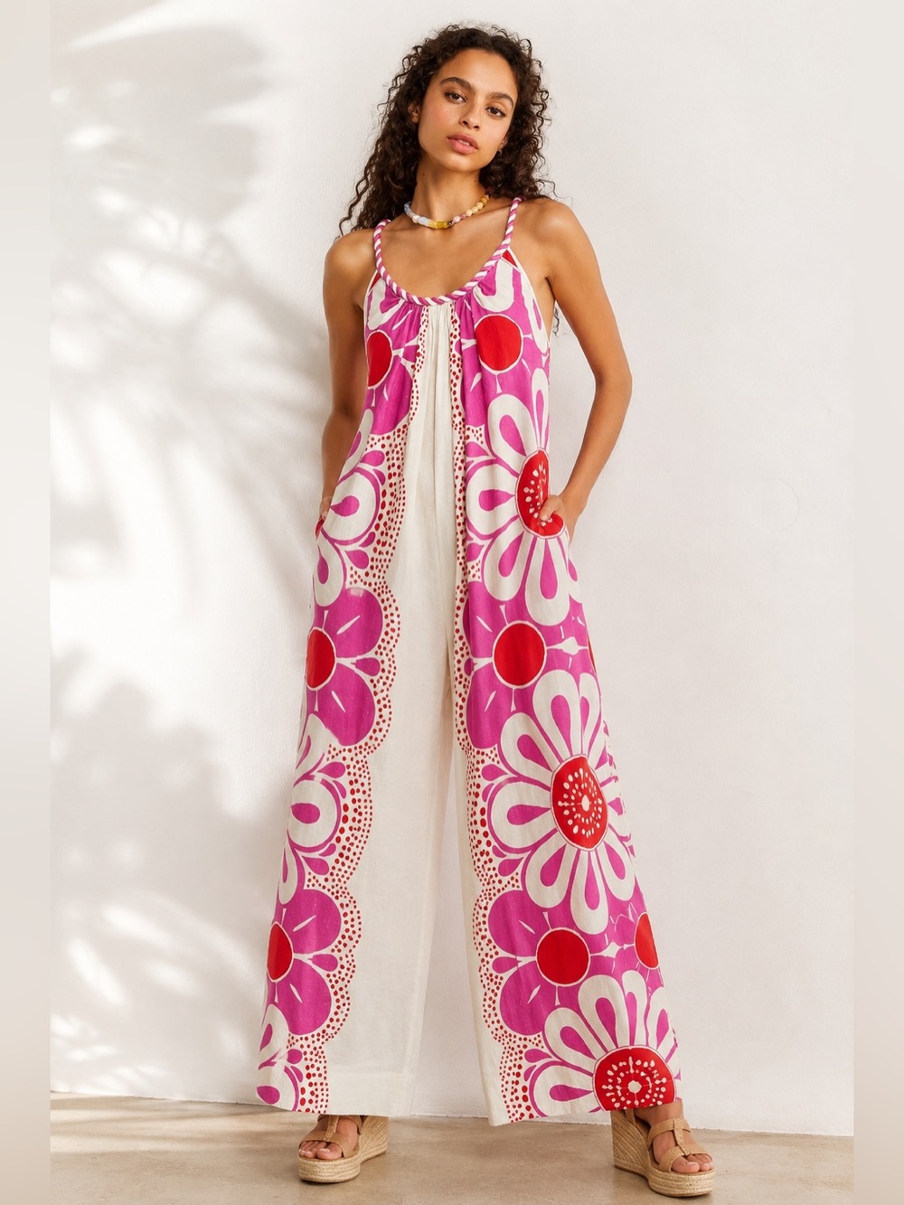 FARM Rio Maia Linen Blend Wide Leg Jumpsuit Rope Strap Floral Pink M